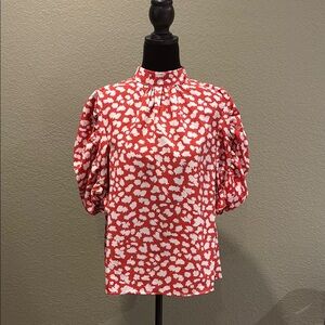 THML Red and White Ruffled Puff Sleeve Blouse